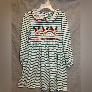Striped Holiday Dress with Reindeer Appliqué